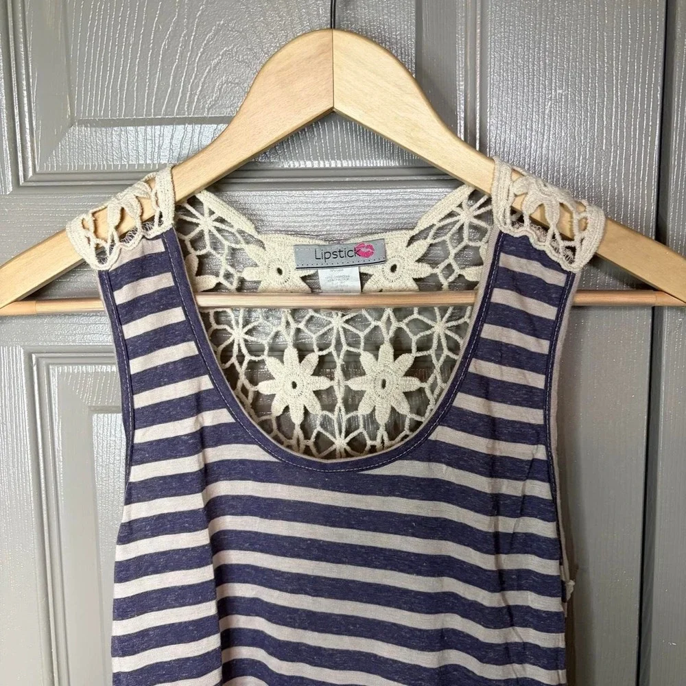 Lipstick Y2K Striped Crochet Lace Back Fringe Tank Top Navy White Small